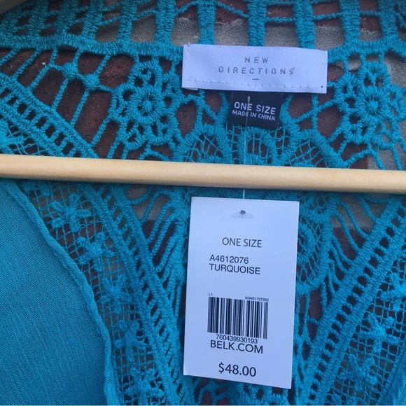 New Directions Boho Kimono One Size Turquoise Open Waterfall Front Crochet - Picture 4 of 6